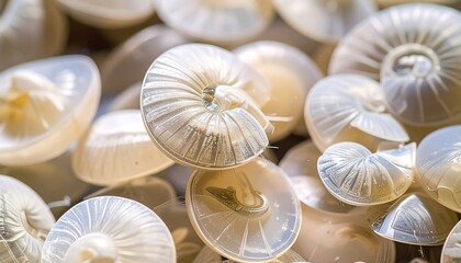 Close-up of many small, translucent, spiral-shaped objects