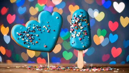 Blue heart cookie and popsicle with sprinkles on wooden surface and bokeh background