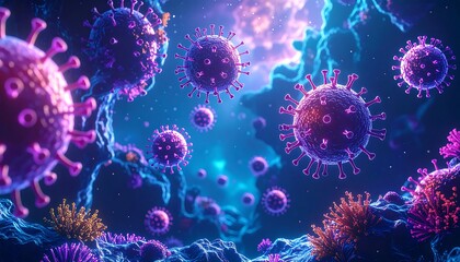 Microscopic View: Vivid Purple and Blue Coronavirus Particles