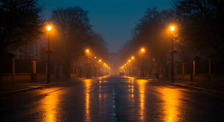 Misty Night Street with Street Lights