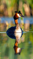 A kingfisher bird, its reflection mirroring perfectly on the water's surface, bathed in soft sunlight