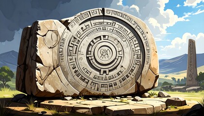 Ancient Stone Disc with Intricate Carvings in a Serene Landscape
