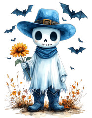 Ghostly cowboy holding sunflower with bats flying on Halloween