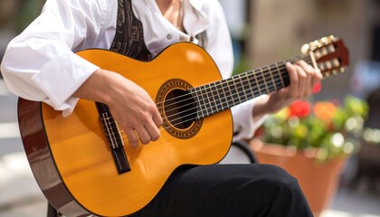 Person playing acoustic guitar outdoors