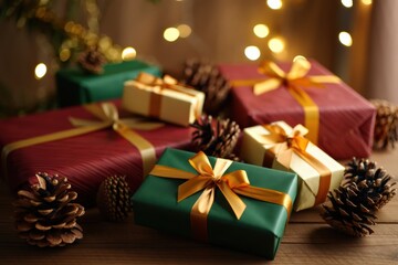 Christmas gifts decorated with golden ribbons and pine cones resting on wooden table