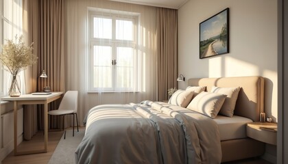 Obraz premium Cozy guest room interior features queen bed, soft lighting, writing desk by window. Traditional, warm, elegant decor creates tranquil, peaceful ambience for rest. Linen textiles, plush carpet,