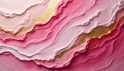 Obraz premium Abstract pink, gold impasto paint texture with vibrant brushstrokes. Thick paint layers create luxurious, glossy, shimmering effect. Shades of rose, fuchsia, blush blend with metallic gold accents,