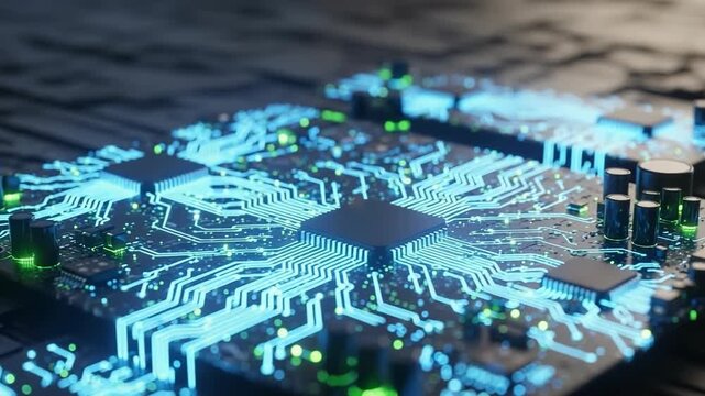 Circuit board illuminated, showing electronic components for computer systems. Computer system components include chips, transistors, and pathways, highlighting technological advancements.