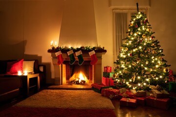Christmas tree illuminating cozy living room with fireplace and gifts