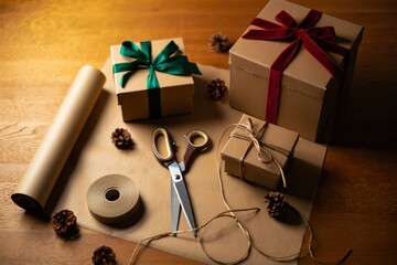 Wrapping christmas presents with brown paper, ribbon, and scissors