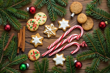 Christmas cookies and candy canes resting on rustic wooden table