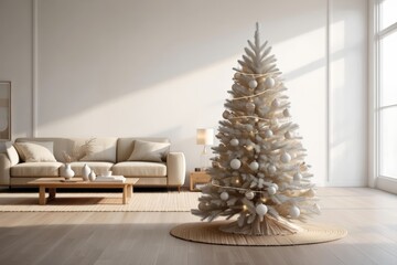 White christmas tree illuminating modern living room
