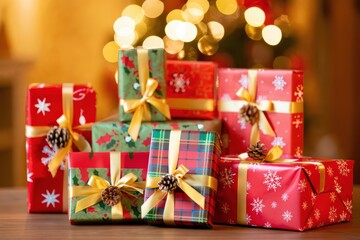 Christmas gifts decorated with ribbons and pine cones resting on table