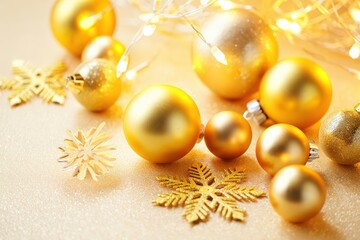 Golden christmas balls and snowflakes creating festive atmosphere