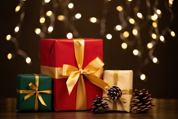 Christmas gifts decorated with gold ribbon and pine cones under christmas lights