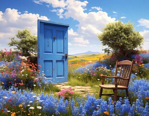 A vibrant field of flowers with a weathered blue door and a wooden chair