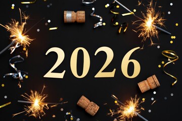 2026 new year celebration with sparkling bengal lights and champagne corks