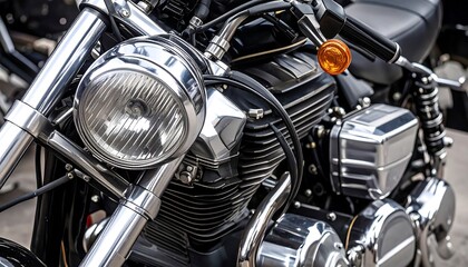 Close-up of motorcycle showing a round headlight and detailed chrome and engine