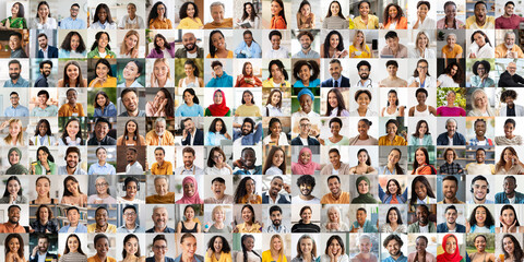 A lively collection of diverse individuals expressing joy captures the essence of community and togetherness. Each portrait reflects unique backgrounds and shared happiness, celebrating inclusivity.