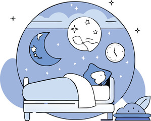 Flat Isometric Sleep Wellness with Bed, Moon, and Stars Illustration