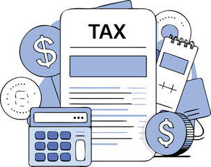 Flat Isometric Tax Calculation with Calculator and Documents Illustration