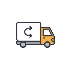 Simple cartoon illustration of a yellow delivery truck with a return arrow symbol on its side