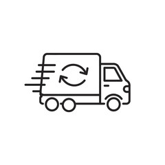 Simple outline icon of a delivery truck with a circular arrow symbol indicating return or exchange services