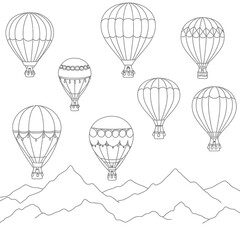 Obraz premium Collection of hand drawn hot air balloons floating above a sketched mountain range in a whimsical illustration style