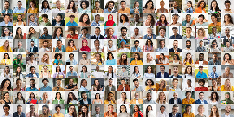Fototapeta premium This vibrant collage features a diverse group of multiracial individuals, showcasing joy and happiness through various expressions. Each face embodies a unique lifestyle, celebrating inclusivity.