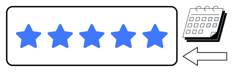 Five blue stars symbolize excellent service, placed near a calendar and arrow pointing left. Ideal for customer reviews, satisfaction, rating systems, feedback, scheduling, planning, evaluation