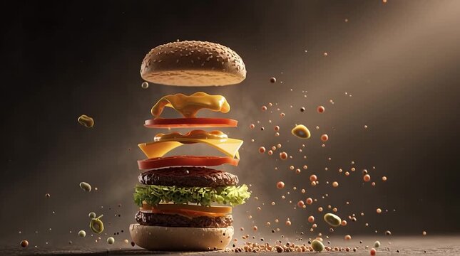 Slow Motion Exploded View of a Hamburger Assembly. Cinematic Food Animation.