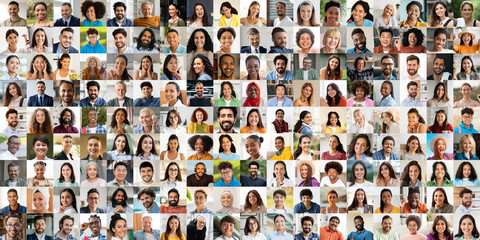 A vibrant collage showcases a variety of faces from different backgrounds, all expressing joy and warmth. The diverse group reflects a modern community celebrating inclusivity and happiness.
