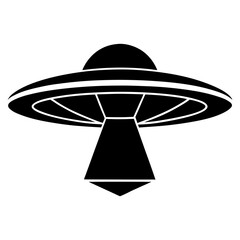 Black silhouette of a classic flying saucer alien spacecraft with a beam of light emanating from its underside