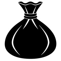 A simple black silhouette of a tied drawstring bag on a white background