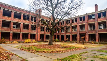 Abandoned Brick Building Courtyard with Bare Tree in Autumn