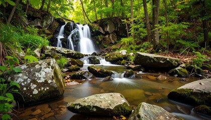 Waterfall cascading over rocks in a lush forest