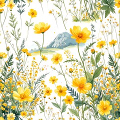 A vibrant floral pattern with yellow flowers and greenery, set against a backdrop of a light-blue mountain landscape