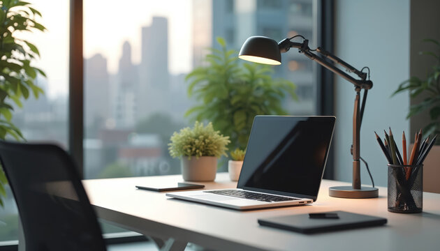 Clean, minimalist modern office desk with laptop, tablet, desk lamp. Organized workspace with plants, city view. Bright, ergonomic setup promotes productivity, inspiration for business professionals.
