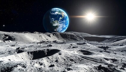 Earthrise over Lunar Landscape: Stunning View of Planet Earth from Moon's Surface