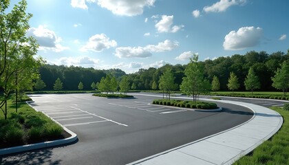 Spacious asphalt parking lot with clear white lines marking spaces. Surrounded by green landscaping, manicured grass, young trees. Paved walkways curve around planting beds under bright blue sky with