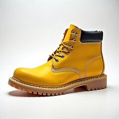 Yellow leather work boots with contrasting black collar, yellow laces. Thick treaded sole provides grip, durability. Studio shot highlights classic, timeless design. Versatile footwear for autumn,