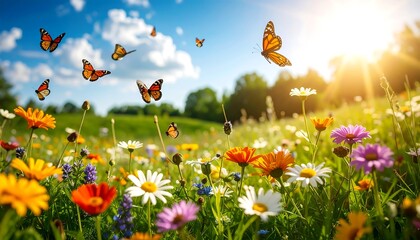 Sunny meadow scene with colorful wildflowers and monarch butterflies in flight, blue skies