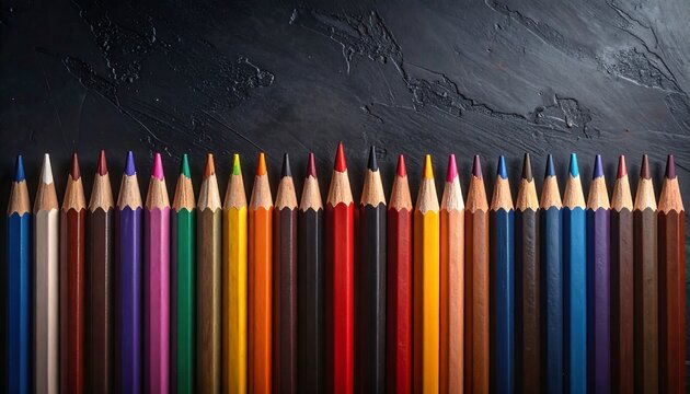 A spectrum of colored pencils on a dark surface