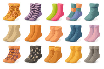 Socks flat icon set. featuring leopard, striped, neon, color-block, wool, fluffy, orange, blue, pattern, cozy, toddler, warm fur symbols