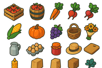 Farm produce flat icon set. featuring tomato, carrot, beet, corn, pumpkin, grape, basket, and milk symbols