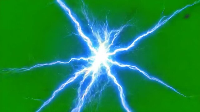 Energy discharge effect animation with bright blue electrical arcs radiating outward on a vibrant green screen for visual effect elements.