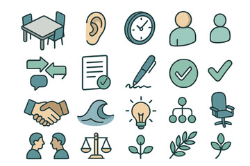 Fototapeta premium Business communication flat icons set. featuring meeting, listening, time, chat, contract, writing, check, handshake