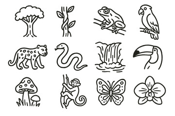 Jungle animals linear icon set. featuring tree, vine, frog, parrot, jaguar, snake, waterfall, toucan, mushroom, monkey, butterfly, orchid