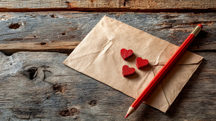 Romantic Love Letter with Red Hearts and Pencil on Wooden Background