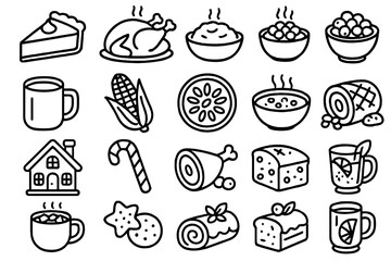 Food and drink linear icons set. featuring pie, turkey, rice, beans, bowl, mug, corn, citrus, soup, ham, and cheese